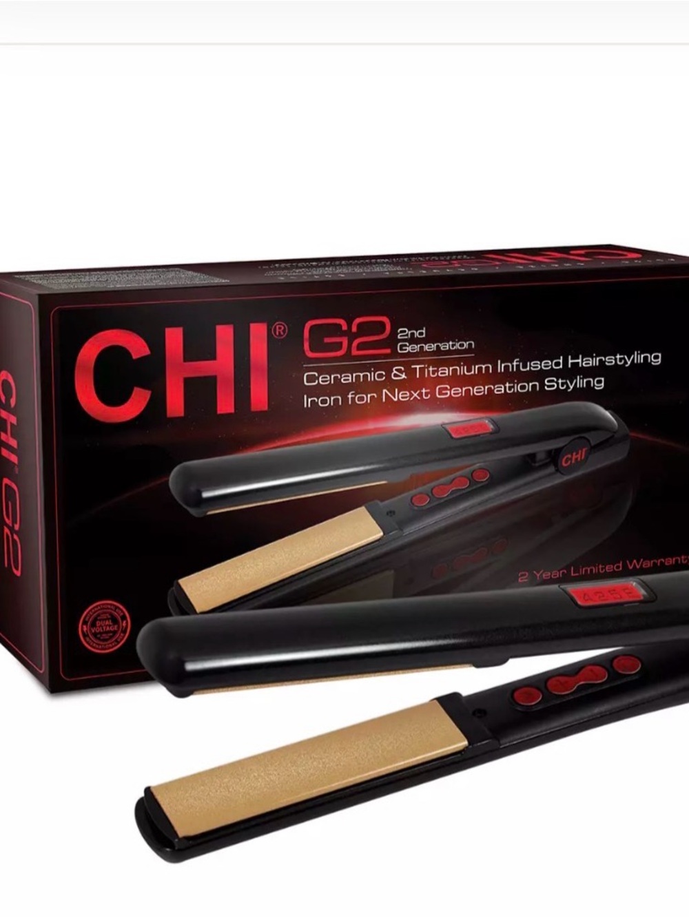 CHI G2 hair straightener in black with gold plates.
